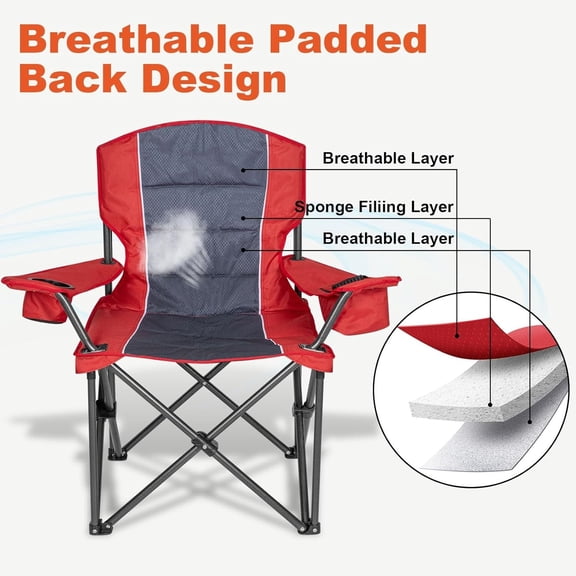 Oversized Camping Chairs,Heavy Duty Support 500 LBS,Padded Back & Arm Sport Chairs, Cup Holder Cooler Bag, Collapsible Folding Chairs for Outdoor, Fishing & Garden, Red,2-Pack