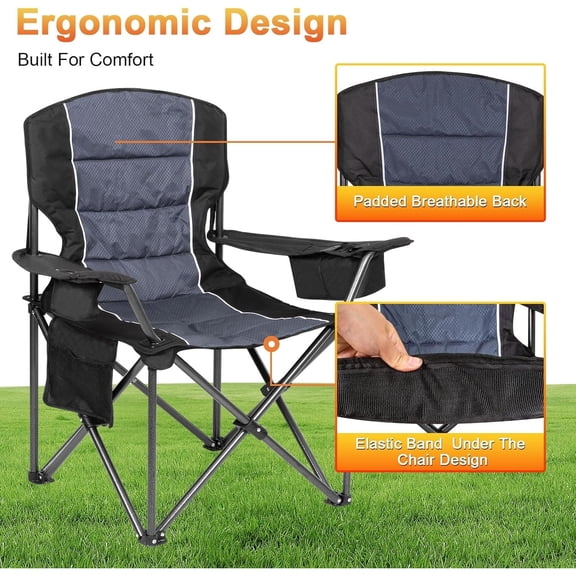 Oversized Camping Chairs,Heavy Duty Support 500 LBS,Padded Back & Arm Sport Chairs, Cup Holder Cooler Bag, Collapsible Folding Chairs for Outdoor, Fishing & Garden, Black,2-Pack