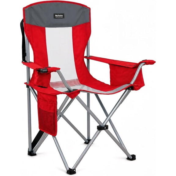 Oversized Camping Chairs Portable Outdoor 330LBS Capacity Folding Lawn Chairs for Adults with Cooler Bag,Cup Holder and Side Pocket for Beach, Sports, Tailgates, Fishing, Hiking, Red