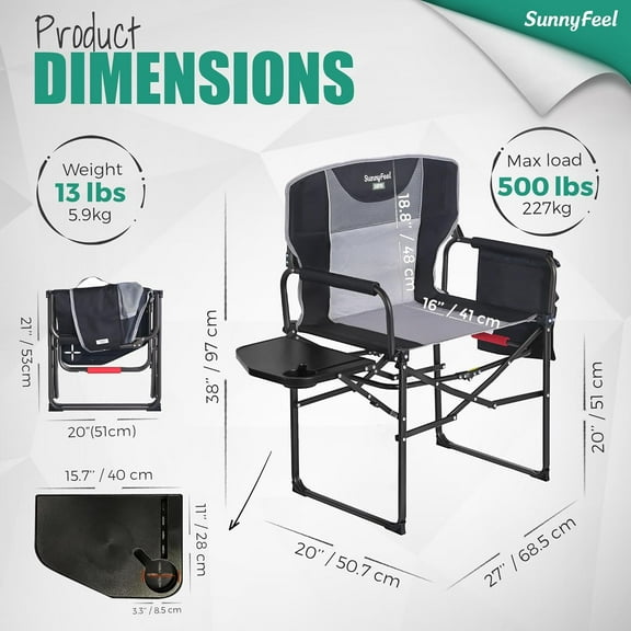 Oversized Camping Directors Chair with Side Table - 500  Heavy Duty, Portable Folding Chair for Beach, Fishing, Picnic, Lawn, Concert, Outdoor Adventures
