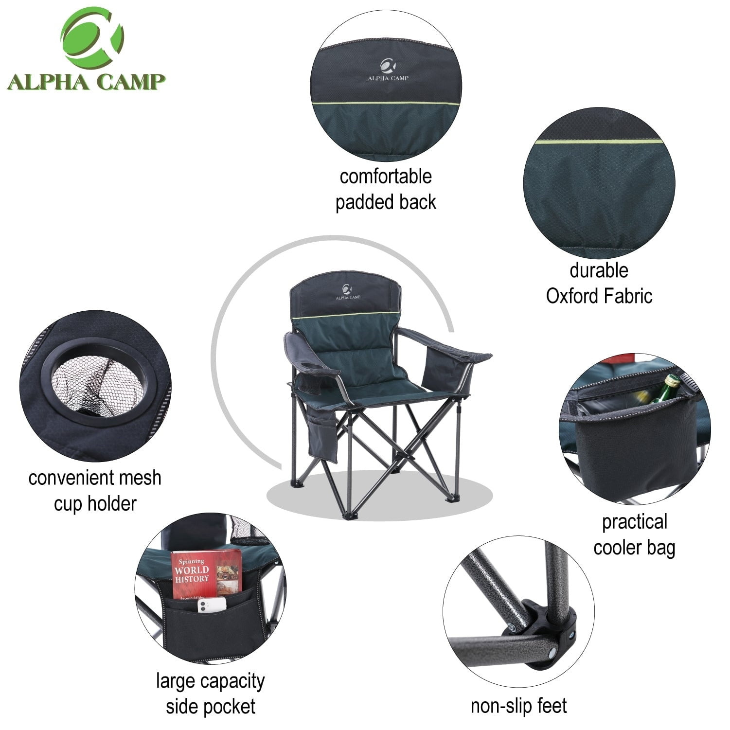 Green Heavy Duty Steel Frame Camping Chair with Padded Arms