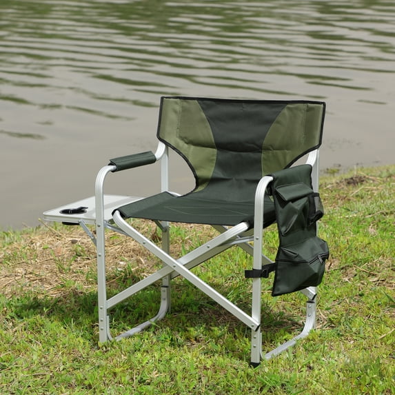Oversized Camping Portable Aluminum Directors Chair, Padded Folding Directors Chair with Side Table Storage Pockets, Outdoor Camping, Picnics and Fishing (Black 1 Green)