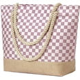 thumbnail image 1 of Oversized Canvas Beach Tote Bag for Women and Girls, Waterproof Sandproof Travel Tote Bag with Wet Pocket, Striped Swim Pool bag Zipper Closure,Canvas+jute Dusty Rose Plaid, 1 of 1