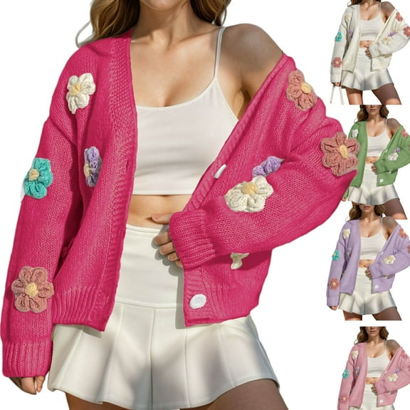Oversized Cardigan Embroidered Flowers Sweaters for Women Cute Long Sleeve Button Down Sweater with Pockets Warm Soft V Neck Drop Shoulder Cable Knit Sweater