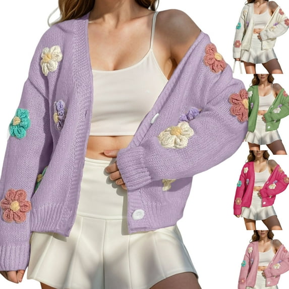 Oversized Cardigan Embroidered Flowers Sweaters for Women Cute Long Sleeve Button Down Sweater with Pockets Warm Soft V Neck Drop Shoulder Cable Knit Sweater