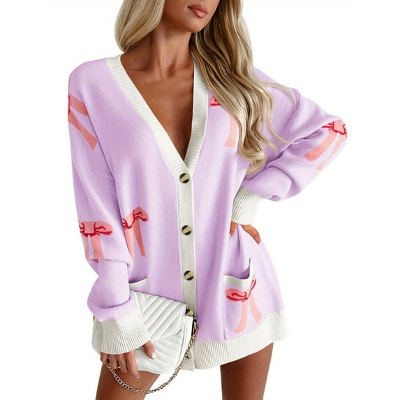 Oversized Cardigan Sweater Women's Bow Print Button V Neck Long Sleeve Loose Knitted Autumn Fashion Jacket