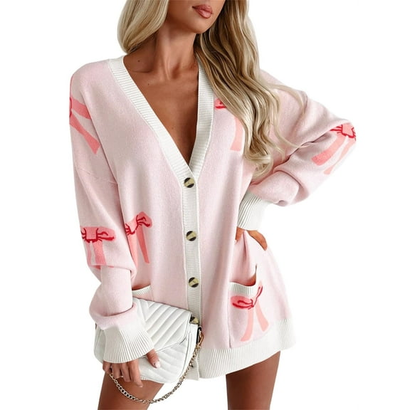 Oversized Cardigan Sweater Women's Bow Print Button V Neck Long Sleeve Loose Knitted Autumn Fashion Jacket