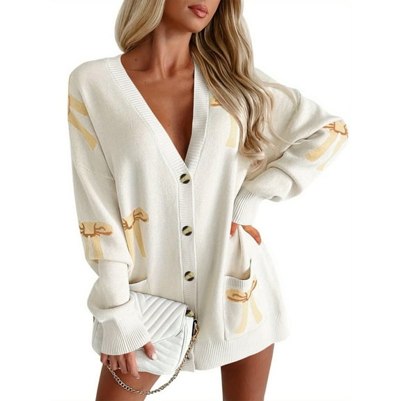Oversized Cardigan Sweater Women's Bow Print Button V Neck Long Sleeve Loose Knitted Autumn Fashion Jacket