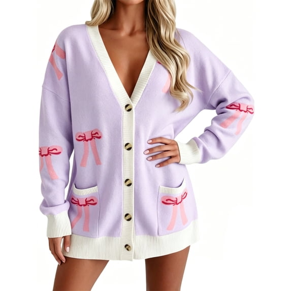Oversized Cardigan Sweater Women's Bow Print Button V Neck Long Sleeve Loose Knitted Autumn Fashion Jacket