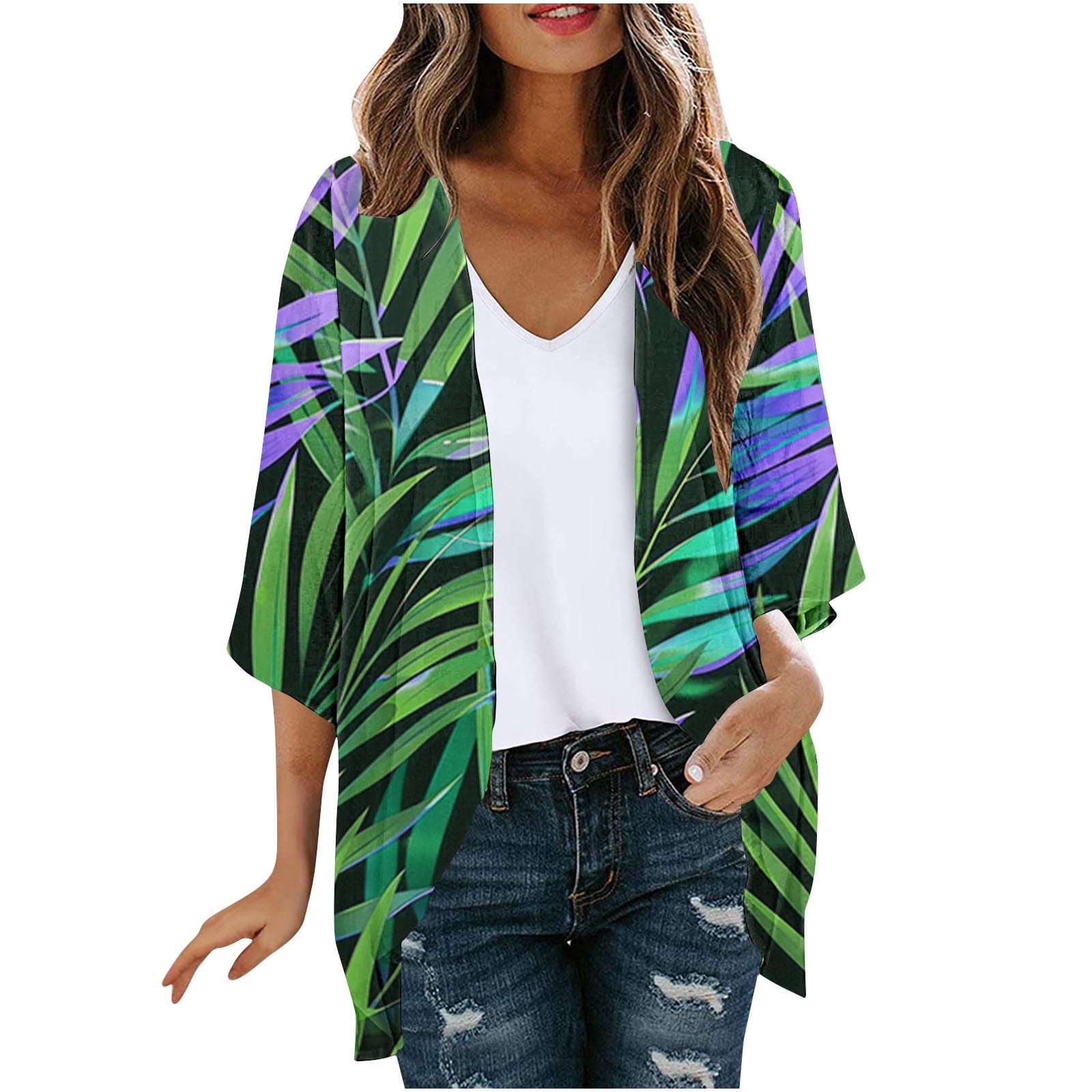 Oversized Cardigan for Women Lightweight Chiffon Sheer Kimono Plus Size Summer Tropical Floral Print Cover Ups