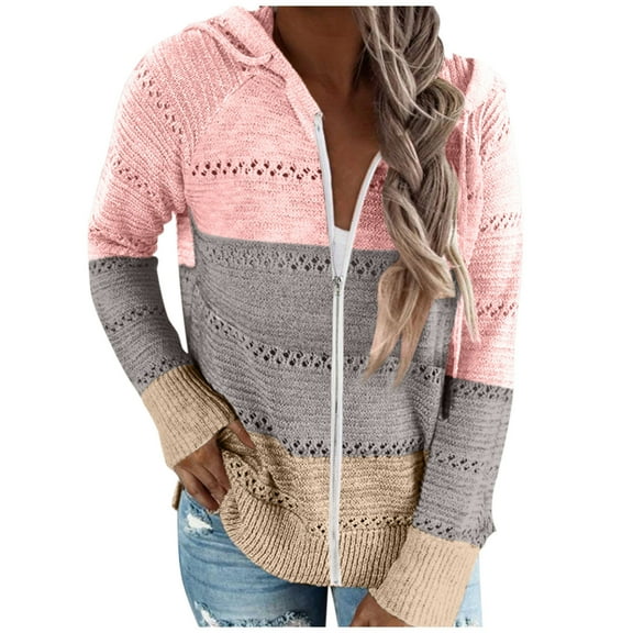Oversized Cardigans Women Autumn And Classic Color-Block Full Zip Casual Fit Hooded Knitted Sweater Jacket Outerwear Coats