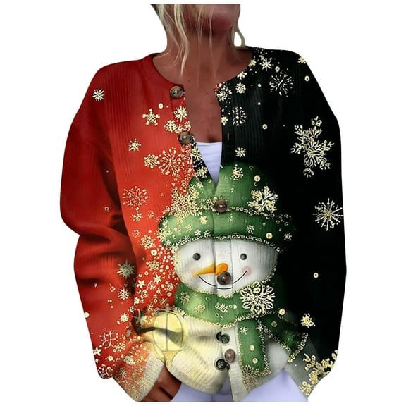Oversized Cardigans Women Christmas Color Block Snowman Print Knitted Sweater Long Sleeve Button Down Xmas Festival Work Cardigans