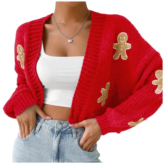 Oversized Cardigans Women Christmas Cropped Knitted Sweater Long Sleeve Open Front Slim Cute Cartoon Print Fall Fashion Holiday 2025 Clothing