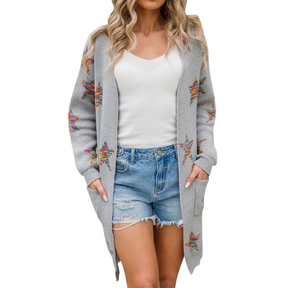 Oversized Cardigans Women Over Warm Star Printing Long Sleeve Open Front Fashion Outwear Sweater Tops Lightweight Cardigans