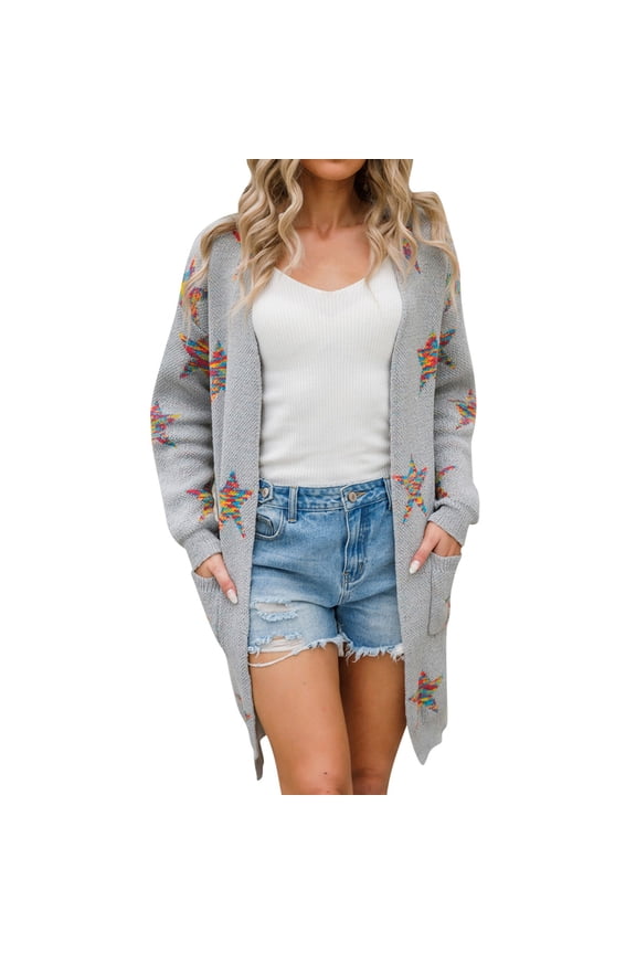 Oversized Cardigans Women Over Warm Star Printing Long Sleeve Open Front Fashion Outwear Sweater Tops Lightweight Cardigans