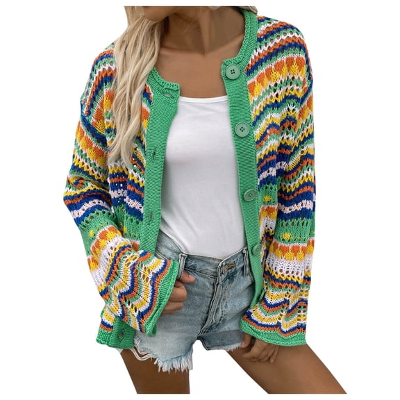 Oversized Cardigans Women Striped Sweater Loose Rainbow Color Matching Sweater Button Outerwear Coats