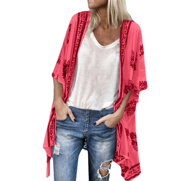 Oversized Cardigans Women Sunscreen Boho Chiffon Fashion Printed Sheer Loose Half Sleeve Blouse Outfits Clothes