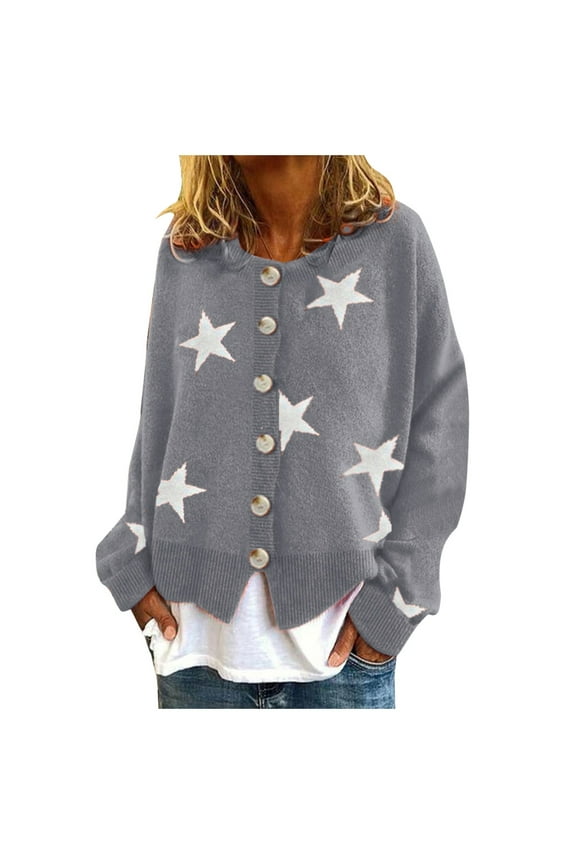 Oversized Cardigans Women Warm Fashion Sweater Star Printing Long Sleeve O-Neck Sweater Cropped Button Sweater Top Outfits Clothes