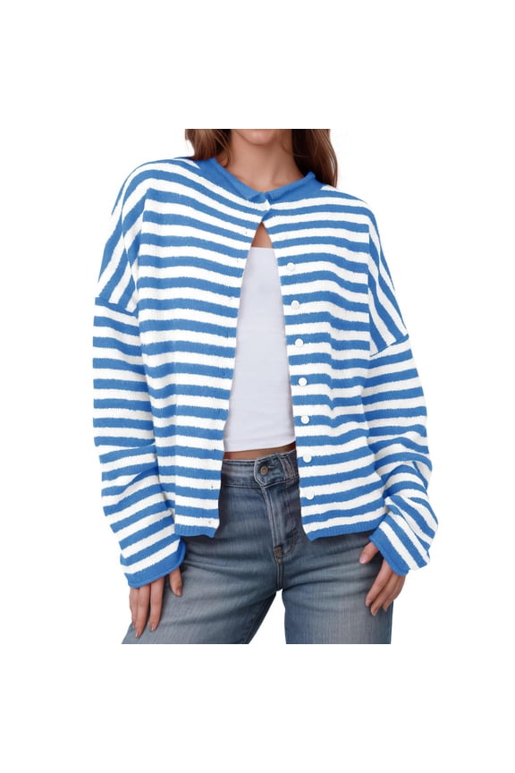 Oversized Cardigans for Women Soft Striped Knit Cardigan Button Front Round Neck Cardigan Sweater Long Sleeve Loose Short Cardigan Outerwear Coats