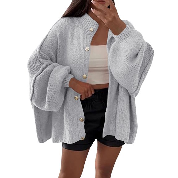 Oversized Cardigans for Womwn Chunky Button Down Soft Fall Cardigan Loose Lantern Sleeve Sweater Gray L