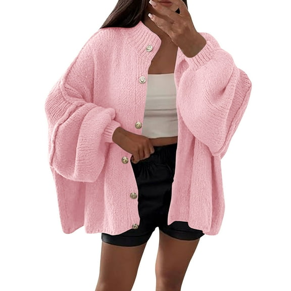 Oversized Cardigans for Womwn Chunky Button Down Soft Fall Cardigan Loose Lantern Sleeve Sweater Pink L