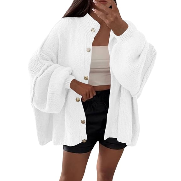 Oversized Cardigans for Womwn Chunky Button Down Soft Fall Cardigan Loose Lantern Sleeve Sweater White S