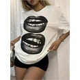 thumbnail image 1 of Oversized Casual Round Neck Short Sleeve Tee With Teeth & Lip Graphic, Loose Fit Cotton Pullover T-Shirt For Women, Summer, 1 of 5