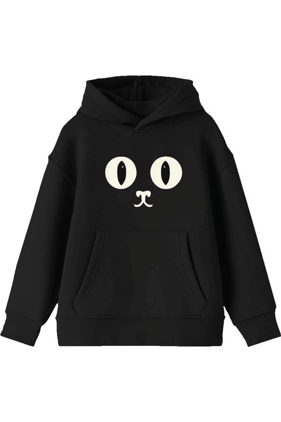Oversized Cat Face Youth Black Long Sleeve Hoodie-XS