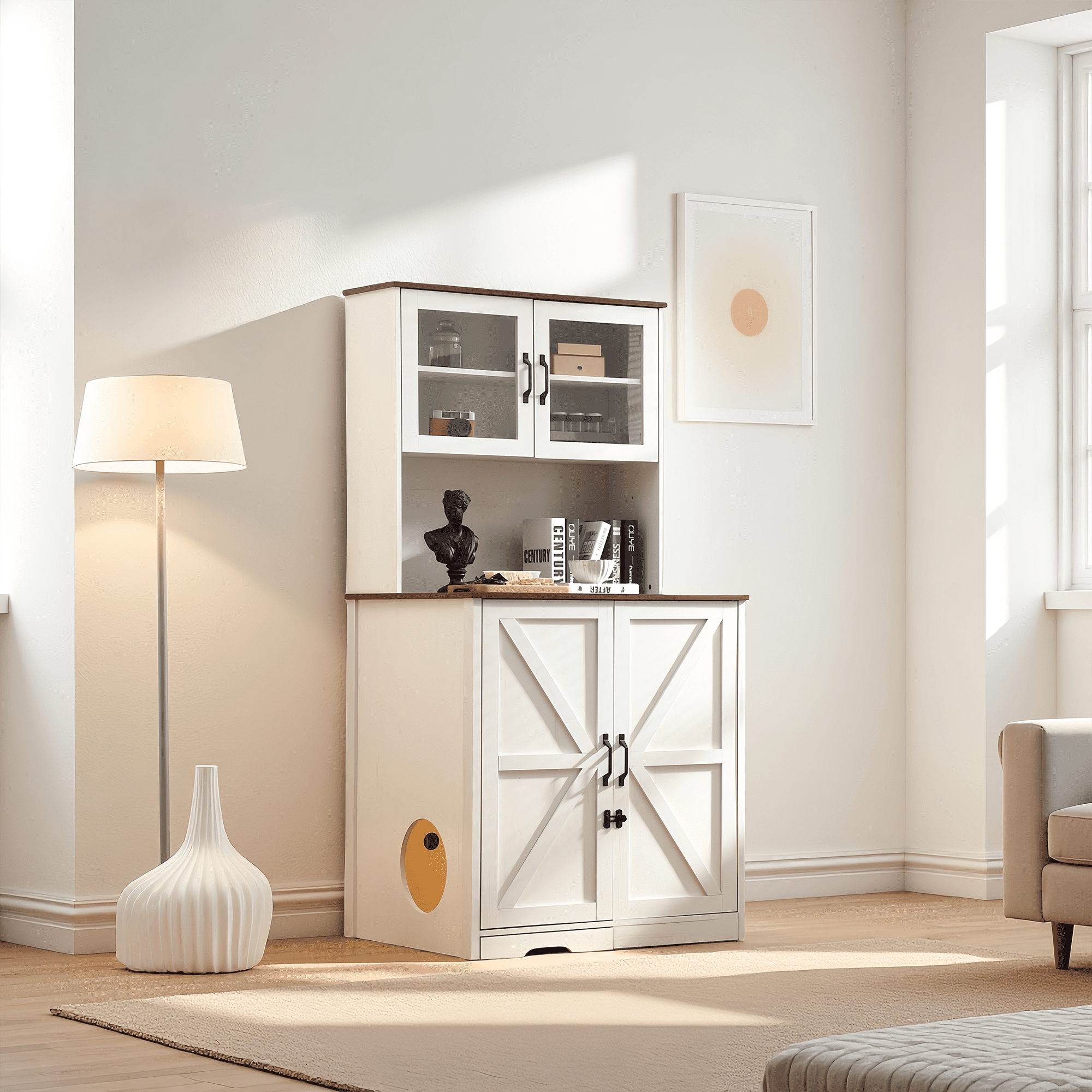 Oversized Cat Litter Enclosure for Self-Cleaning Cat Litter Boxes, Wooden Cat Litter Cabinet  with LED Lighting, an Adjustable Shelf & Doors