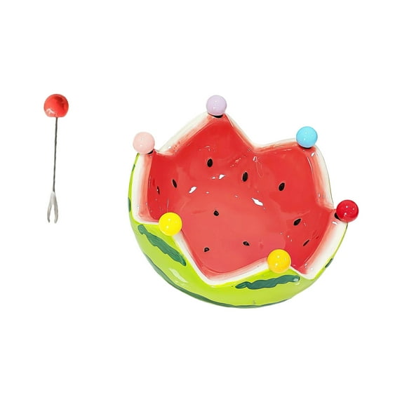 Oversized Ceramic Fruit Bowl 6 Stainless Steel Forks Set Watermelon Shaped Serving Platter For Picnics BBQs Use