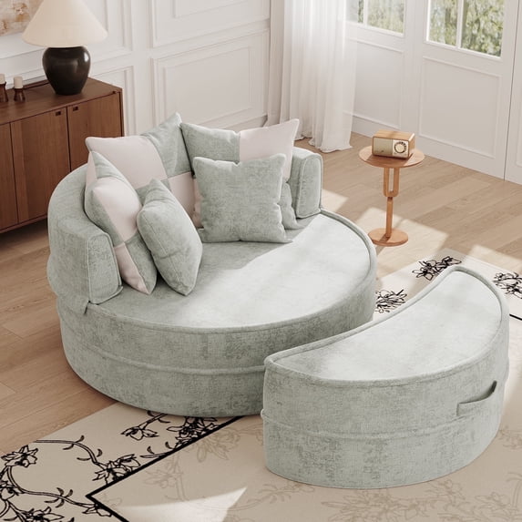 LEHZROAJ Oversized Chenille Upholstered Sofa with 5 Pillows,Round Chaise Lounge Chair for Living Room(Green)