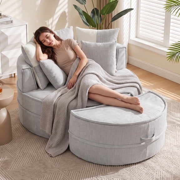 LEHZROAJ Oversized Chenille Upholstered Chaise Lounge Chair Indoor,Round Reading Chairs with 5 Pillows No Assembly Cloud Sleeper Sofa for Living Room(Gray)