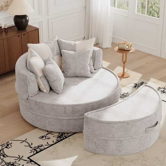 LEHZROAJ Oversized Chenille Upholstered Sofa with 5 Pillows,Round Chaise Lounge Chair for Living Room(Gray)