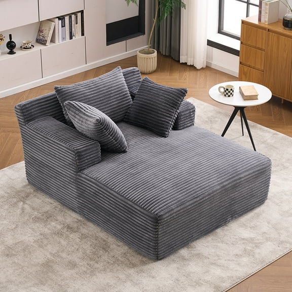 Oversized Chaise Longue Chair Indoor, Modern Upholstered Corduroy Deep Seat Sofa Bed with Throw Pillows and Armrests, Sleeper Sofa Couch for Living Room, Bedroom Apartment
