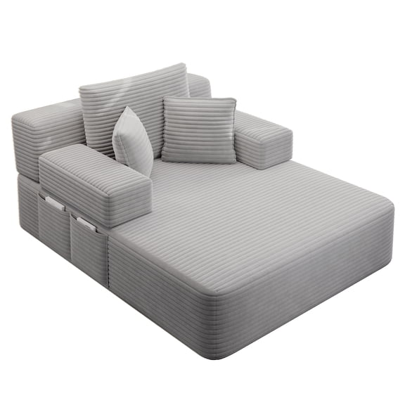 Oversized Chaise Longue Chair Indoor, Modern Upholstered Corduroy Deep Seat Sofa Bed with Throw Pillows and Armrests, Sleeper Sofa Couch for Living Room, Bedroom Apartment
