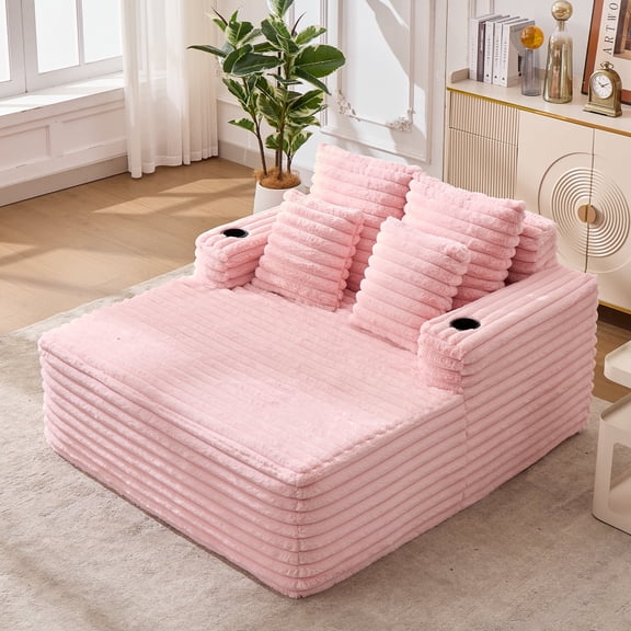 Oversized Chaise Longue Chair Indoor, Modern Upholstered Corduroy Deep Seat Sofa Bed with Throw Pillows and Armrests, Sleeper Sofa Couch for Living Room, Bedroom Apartment