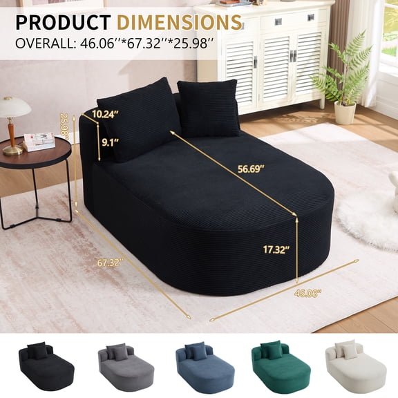 Oversized Chaise Lounge Chair, 67.5" Corduroy Sleeper Sofa Bed for Living Room, 46" Wide Deep Seat Convertible Sofa with Pillows, No Assembly Required, Black