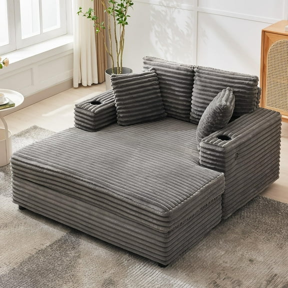 Oversized Chaise Lounge Chair, Comfy Corduroy Chaise Sofa Recliner Bed, Upholstered Sleeper Couch Bed with Throw Pillows and Cup Holders for Living Room, Movie Room, Bedroom