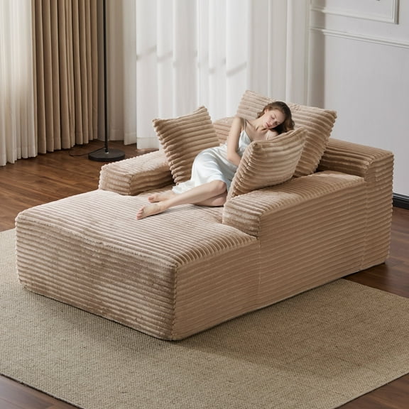 Kosynda 47" Wide Oversized Chaise Lounge Chair Indoor with Upholstered Corduroy for Living Room, No Assembly Required, Beige