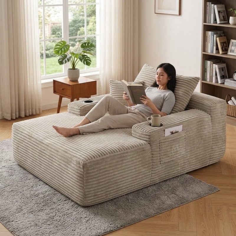 Oversized Chaise Lounge Chair with Cup Holders, Boneless Upholstere Sleeper Chair Deep Seat Sofa Bed Cloud Couch for Living Room, No Assembly Required