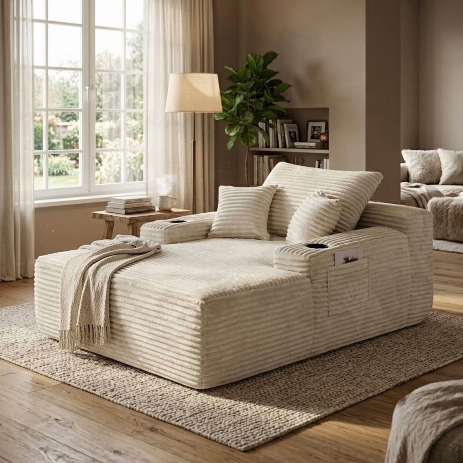 Oversized Chaise Lounge Chair with Cup Holders, Boneless Upholstere Sleeper Chair Deep Seat Sofa Bed Cloud Couch for Living Room, No Assembly Required