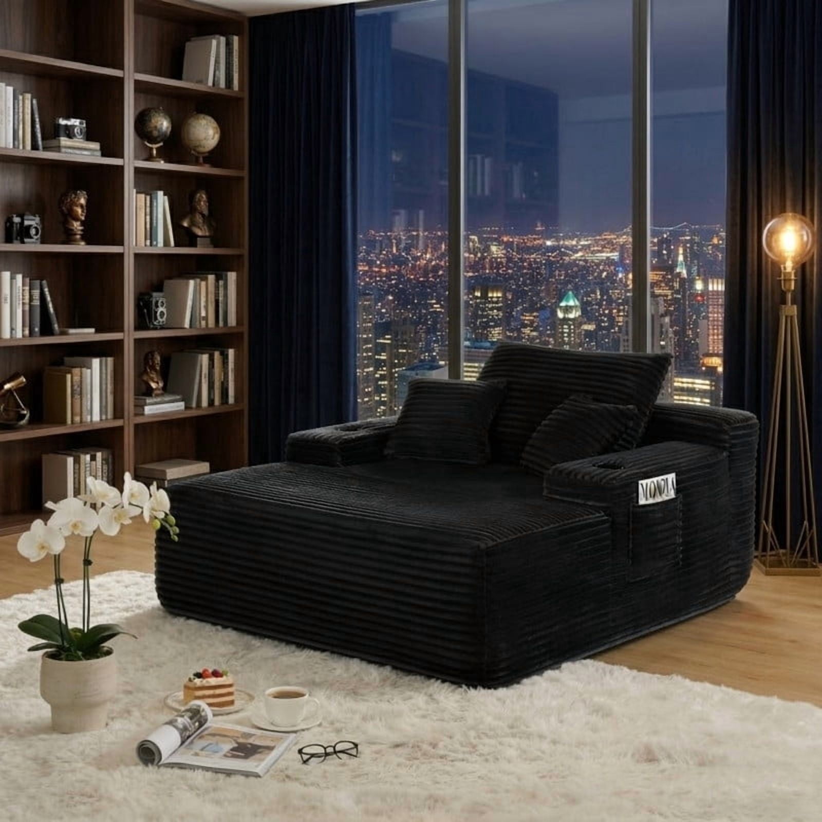 Oversized Chaise Lounge Chair with Cup Holders, Boneless Upholstere Sleeper Chair Deep Seat Sofa Bed Cloud Couch for Living Room, No Assembly Required