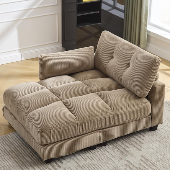 Oversized Chaise Lounge Chair Indoor 44''W Sleeper Couch Bed with Cup Holders & Charging Port Deep Seat Corduroy Couch with Movable Armrest Single Lounge Sofa for Living Room Bedroom, Khaki
