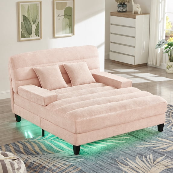 Oversized Chaise Lounge Chair Indoor, 57" W Chenille Upholstered Sofa Bed with Adjustable Backrest & LED Light Strip, Comfy Deep Seat Sleeper Couch Reading Chairs, for Living Room, Pink