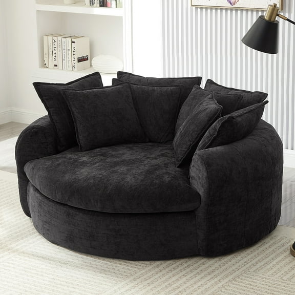 Oversized Chaise Lounge Chair Indoor, 60" Round Chenille Deep Seat Cloud Couch with Dual-Layer Cushion, Sleeper Boneless Couch Accent Chair for Living Room, Black