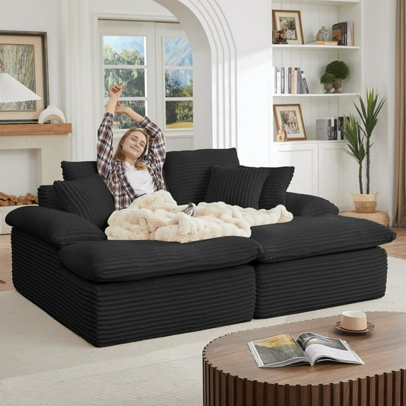 Oversized Chaise Lounge Chair Indoor, 79.5" Corduroy Upholstered Modern Loveseat Sofa with 6 Pillows, Comfy Sleeper & Reading Chair, No Assembly Required, Fluffy Cloud Couch for Living Room & Office