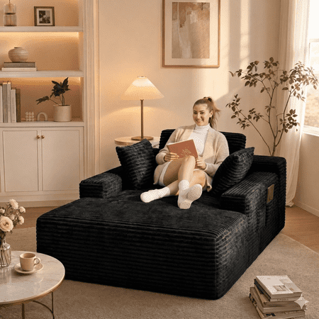 Asofer Oversized Chaise Lounge Chair Indoor Furniture, No Assembly Required, Corduroy Plush Sofa Bed for Living Room,Black