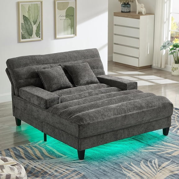 Oversized Chaise Lounge Chair Indoor, Chenille Sleeper Chair Bed with 6-Position Adjustable Backrest, Upholstered Reading Chairs with LED Light Strip, Comfy Lounge Armchair with 2 Pillows