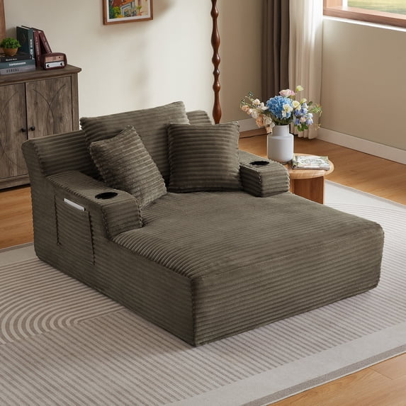 Oversized Chaise Lounge Chair Indoor, Comfy Deep Seat Sleeper Cloud Couch with 2 Cup Holder & Throw Pillow, Faux Fur Upholstered Deep Seat Accent Chair for Living Room & Office, No Assembly Required