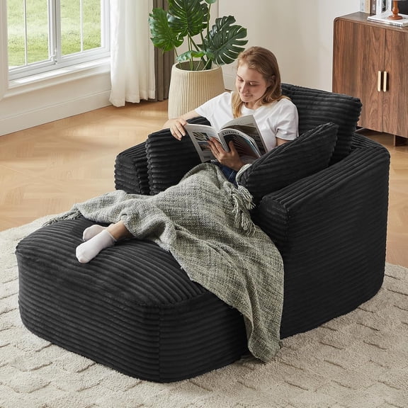 Oversized Chaise Lounge Chair Indoor, Corduroy Comfy Boneless Sleeper Sofa Couch with Pillows for Living Room Apartment Reading Nook, No Assembly Required, 45.3”W, Black